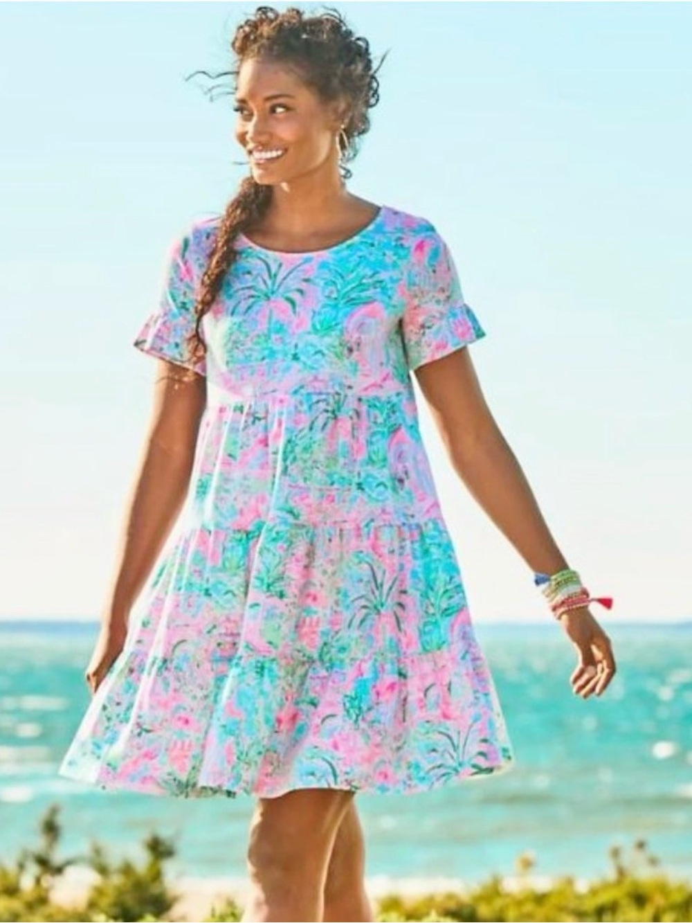 Lilly Pulitzer Jodee Bali Blue Tropical Floral Tiered Swing Dress